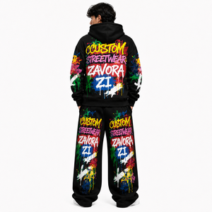 Ensemble de survêtement baggy pour homme 2 pièces, sweat à capuche noir zippé, imprimé graffiti surdimensionné, molleton de coton, imprimé intégral, streetwear, logo personnalisé - Product Image 2