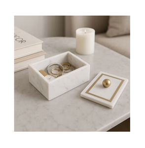 Boîte à bijoux en marbre avec bouton en laiton et couvercle à revêtement en laiton pour emballage cadeau, mariage, fête, utilisée au prix le plus bas - Product Image 1