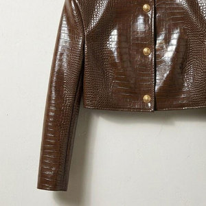 Brown Croco Embossed <b>Leather</b> Blazer Women's <b>Short</b> Jacket O-Neck Full Sleeve Autumn Style Button Closure - Product Image 6