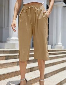 Pantalones Culottes Verde Oliva para Mujer, Cintura Media, Cordón Ajustable, Corte Holgado, Largura hasta la Rodilla, Color Sólido, Casuales de Verano, con Bolsillos - Product Image 3