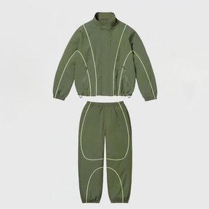 New Arrivals Custom Logo Green Men's Nylon <b>Wind</b> <b>Breaker</b> White Panel With Pant Set For Summer Active Wear Streetwear Zipper Jacke - Product Image 3