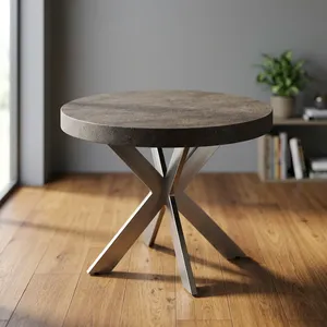 Table à manger ronde rustique en bois avec base en fer en forme de X, plateau en bois massif fait main, style industriel, meubles de cuisine et de salle à manger pour la maison - Product Image 6