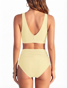 Conjunto de bikini de cintura alta amarillo claro de dos piezas con control de abdomen, top corto cruzado, traje de baño de verano a la moda - Product Image 2