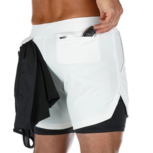 Men's White Solid Drawstring Shorts With Black Inner <b>Layer</b> Quick Dry Knitted Casual <b>Mid</b> Waist Short Shorts - Product Image 3