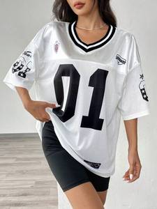 OEM High Quality Streetwear Oversized Boxy Women <b>Drop</b> Shoulder American Football Jersey Breathable 100% Polyester V Neck Top - Product Image 5