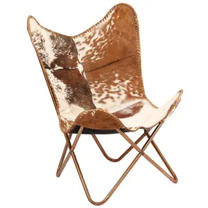 Home Decor Genuine Goatskin Leather Butterfly Arm Chair with Black/White Brown Fur on Cover (White and Brown with Rose Gold