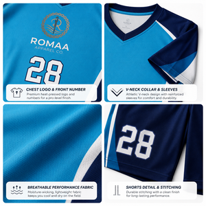 Ensemble maillot et short de football personnalisé Romaa Apparel Co. bleu ciel, marine et blanc, col en V, anti-humidité, unisexe, pour adultes, tenue d'équipe OEM - Product Image 3