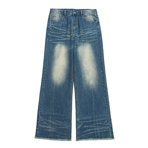 Wide Leg Distressed Denim Jeans High Waist Loose Fit Cotton Washed Casual Men's Style Spring Wear - Product Image 1