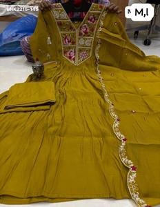Hermoso conjunto de Kurti-Plazzo Anarkali de seda de vidrio Mal Chanderi con diseño floral multihilo y hecho a mano, moda femenina. - Product Image 4