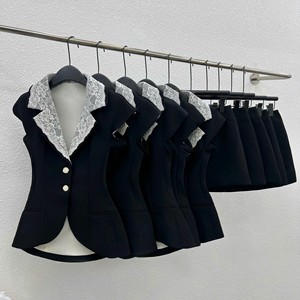 Conjunto de Blazer Negro Tejido para Mujer con Cuello Peter Pan de Encaje, Manga Corta, Casual, Fruncido, de Una Pieza, hasta la Rodilla, Liso, para Primavera/Verano, con Botones - Product Image 6