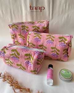 Trousse de Toilette en Coton Imprimé au Bloc, Sac à Main Matelassé 3 Pièces, Trousse de Maquillage pour Femme, Pochette de Voyage, Cadeau de Fêtes, Pochettes Utilitaires - Product Image 4