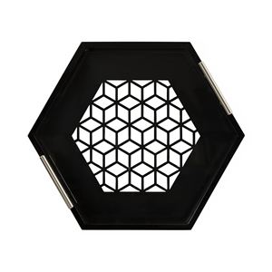 Wholesale Luxury Hexagonal Black Serving <b>Tray</b> Bulk Hotel Platter with Elegant Geometric Cutout Base and Silver Side Handles - Product Image 6
