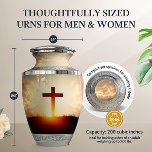 Christian Cross Memorial Cremation Urn For Human Ashes Decorative Metal Funeral <b>Keepsake</b> With Velvet Bag - Product Image 3
