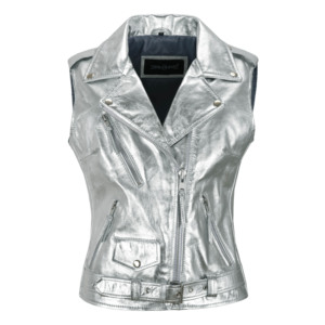 Custom Women <b>Silver</b> Foil Real Leather Biker Vest Slim Fit Brando Style Napa Leather <b>Waistcoat</b> Bulk Wholesale OEM/ODM Manufacture - Product Image 1