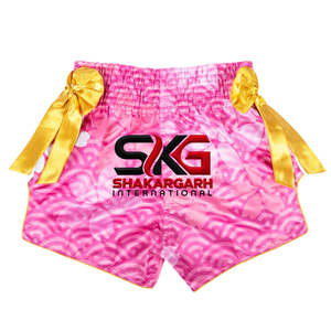 Shakargarh International Pink Sublimated Muay Thai <b>Shorts</b> With Yellow Bows For <b>Kickboxing</b> Training - Product Image 2