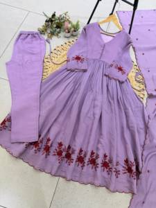 Designer Embroidery And Sequence Pipe Work Mul Chanderi <b>Gown</b> With Bottom And Dupatta Fully Stitched Ready To Wear Set - Product Image 4