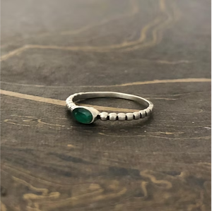 Chic Tiny Oval <b>Emerald</b> Stone Beaded Band <b>Ring</b> in 925 Sterling <b>Silver</b> Jewelry - Lightweight Handmade Fine Jewelry - Product Image 2