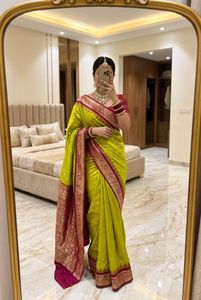 Indian <b>Women</b> Traditional Premium Soft Banarasi Saree Recycled Materials White <b>Red</b> Woven Gold Border Unstitched <b>Blouse</b> for - Product Image 2