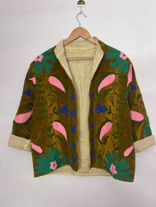 White Floral Embroidery Velvet Kimono <b>Cardigan</b> Long Sleeve Loose Fit Mandarin Collar Autumn Casual Beautiful Elegant Boho - Product Image 1