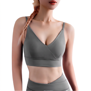 Soutien-gorge de sport pour femme à col en V, violet uni, respirant, maintien moyen, pour le yoga – Nouveau design - Product Image 2