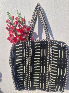 Black Solid Color Quilted Cotton <b>Vintage</b> Lightweight <b>Tote</b> <b>Bag</b> Large Shoulder Handbag Reusable Shopping Travel OEM ODM - Product Image 4