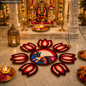 Ensemble de 9 tapis Rangoli en laine de qualité supérieure, motif paon et lotus, faits à la main, décoration festive pour le sol de la maison - Product Image 6