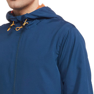 Men's Navy <b>Blue</b> Hooded Windproof Jacket Regular Fit Zipper Closure Casual Style Autumn Wear Polyester <b>Material</b> - Product Image 4