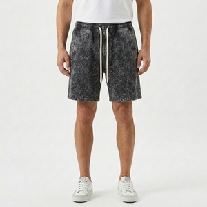 Shorts pour hommes délavés à l'acide en toile polyester/coton, avec logo personnalisé, cordon de serrage, pour l'été, décontractés, couleur unie, séchage rapide, respirants, OEM - Product Image 1