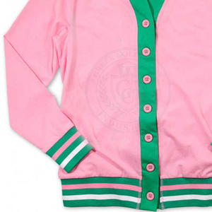 Cardigan en tricot contrastant rose et vert Sorority Alpha K Alpha, col en V, broderie de lettres grecques, pour femmes, 100% coton, vêtements d'hiver - Product Image 4