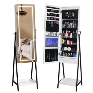 Armadio Portagioielli con Specchio a Tutta Altezza, 1 Ripiano, Lampada a LED a 3 Colori, 8 Perle Interne Bianche e Base in Legno - Product Image 6