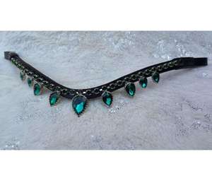 Cabezada de Cuero Negro con Cristales de Esmeralda de Lujo, Flecos de Diamantes de Imitación en Forma de Lágrima, Cómoda y Duradera, Color Personalizable - Product Image 4