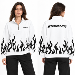 Sweat-shirt personnalisé pour femme, blanc, imprimé flamme, col zippé, coupe classique, en coton tricoté, décontracté, pour l'automne - Product Image 1