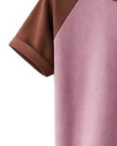 T-shirt en jersey raglan pour homme, col rond, manches courtes, rose et marron bicolore, décontracté, été, uni, tricoté, logo personnalisé - Product Image 6
