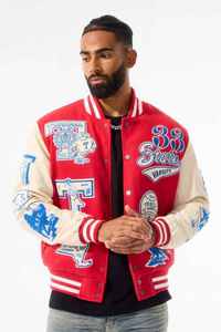 Red Men's Varsity <b>Jacket</b> with Patchwork Design and Applique Embroidery Preppy Style Turn-down Collar Regular Fit - Product Image 6