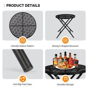 Tavolino Pieghevole in Acciaio da 18 Pollici, Tavolo da Caffè Rotondo con Intagli Floreali per Uso Esterno, Giardino, Balcone, Picnic - Product Image 3