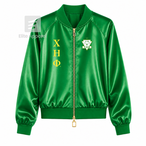 Veste en satin respirant personnalisée Chi Eta Phi Sorority avec logo brodé sur le devant, vert et jaune, manches longues pour femme - Product Image 1
