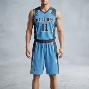 Ensemble short et maillot de basket-ball personnalisé bleu ciel et gris, uniforme d'équipe graphique, vêtements de sport par sublimation, maille respirante, OEM ODM - Product Image 1
