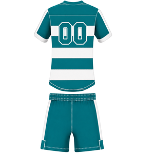 Conjunto de Uniforme de Rugby de Manga Corta en Blanco y Verde Azulado, Jersey de Rugby a Rayas con Cuello Redondo, Pantalones Cortos con Cordón, Ropa Deportiva para Entrenamiento y Equipo - Product Image 2