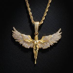 Collier pendentif ailes d'ange Hip Hop plaqué or avec zircon et chaîne en laiton, bijoux de fête unisexe - Product Image 1
