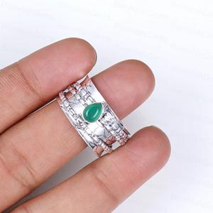 Vintage 925 Sterling <b>Silver</b> Green Onyx Spinner <b>Ring</b> for Anxiety Relief <b>Boho</b> Teardrop Green Chalcedony Meditation Handmade <b>Ring</b> - Product Image 5