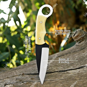 Couteau de chasse multifonctionnel artisanal en acier inoxydable 12C27 avec trou pour le pouce, manche en os de chameau, pour camping, sauvetage et activités de plein air - Product Image 5