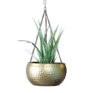 Hanging Metal Flower Pot With Hammered Finish For Indoor Outdoor Use Modern Minimalist Plant <b>Planter</b> <b>Gold</b> Color Circular Design - Product Image 1