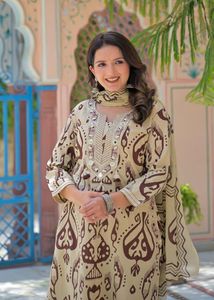 Ensemble de costume élégant en coton crème et marron 60x60 avec imprimé ethnique abstrait, kurta, pantalon droit et dupatta assorti pour femmes - Product Image 2
