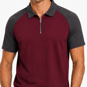 Polo de manga larga con cremallera de un cuarto para hombre, color granate y gris oscuro, con bloques de color en contraste, mangas raglán, camisas de golf con logotipo personalizado, más vendido. - Product Image 2
