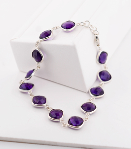 Handcrafted Genuine Amethyst <b>Gemstone</b> <b>Bracelet</b> in 925 Sterling Silver Cushion Cut Purple Stone Jewelry With Adjustable Linkchain - Product Image 1