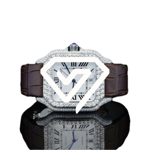 Montre carrée pour homme, aspect diamant moissanite, chiffres romains, cadran blanc, bracelet en cuir marron, montre automatique de luxe - Product Image 1
