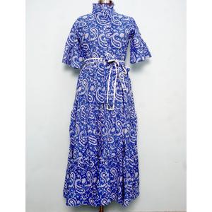 Vestido Maxi Azul Paisley para Mujer, Cuello Alto, Manga Campana, Cintura Alta, Lazo, Estilo Boho, Vestido Casual de Verano - Product Image 1