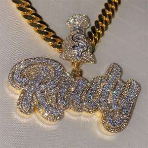 Collar con colgante de plata 925 chapado en plata, estilo hip hop, con diamantes de imitación, bolsa de dinero y dije con nombre para hombre, para uso diario. - Product Image 2