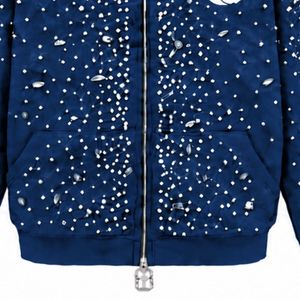 Sweat-shirt à capuche bleu marine entièrement zippé, orné de perles et de cristaux, style streetwear tendance, à manches longues avec poche avant - Product Image 5
