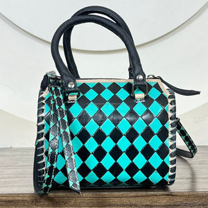 Customized <b>Small</b> Cute Hand Tooled Genuine Leather Travel Duffel <b>Bags</b> <b>Women</b> Western Design Checkered Pattern Crossbody Speedy <b>Bag</b> - Product Image 5